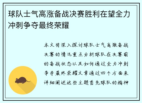 球队士气高涨备战决赛胜利在望全力冲刺争夺最终荣耀