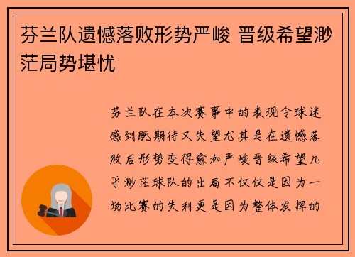 芬兰队遗憾落败形势严峻 晋级希望渺茫局势堪忧