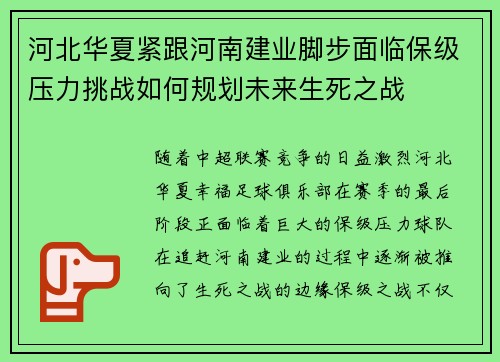 河北华夏紧跟河南建业脚步面临保级压力挑战如何规划未来生死之战