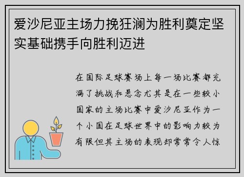 爱沙尼亚主场力挽狂澜为胜利奠定坚实基础携手向胜利迈进